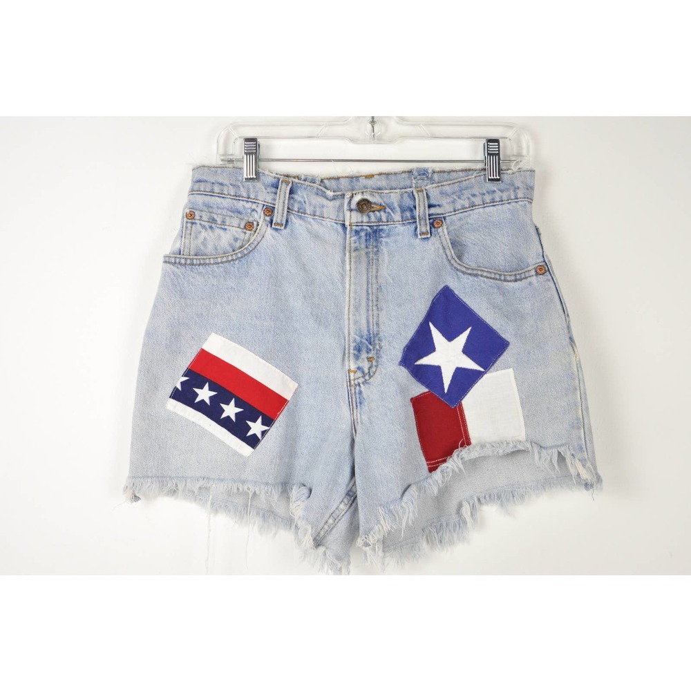 80s Flag Patch Levis Cut Offs - Medium | Distressed Jean Shorts | 4th of July